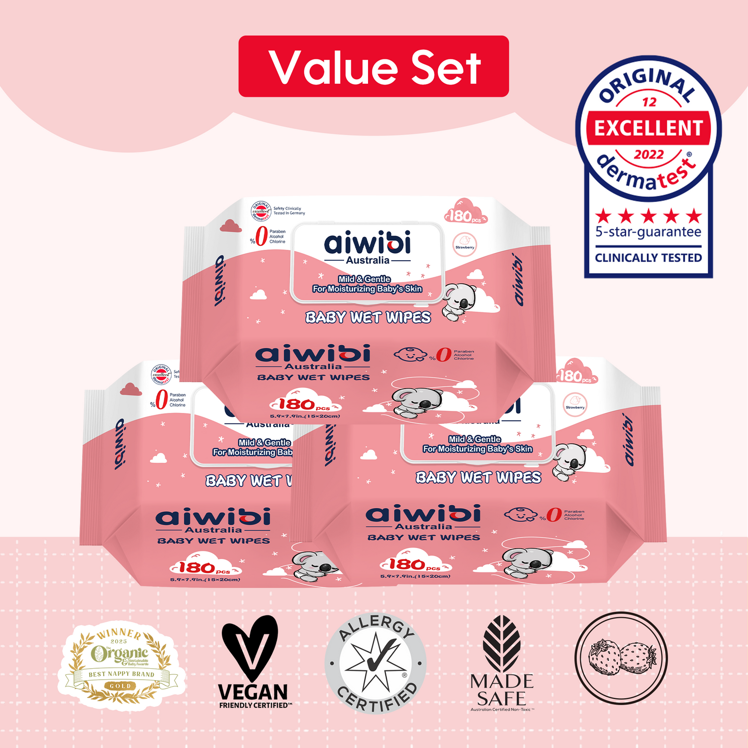 Gentle Soft Baby Wet Wipes 180Pcs—Strawberry*3
